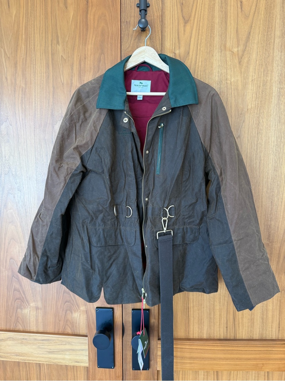 Waxed Cotton Field Jacket with Green Collar and Brown Panels
